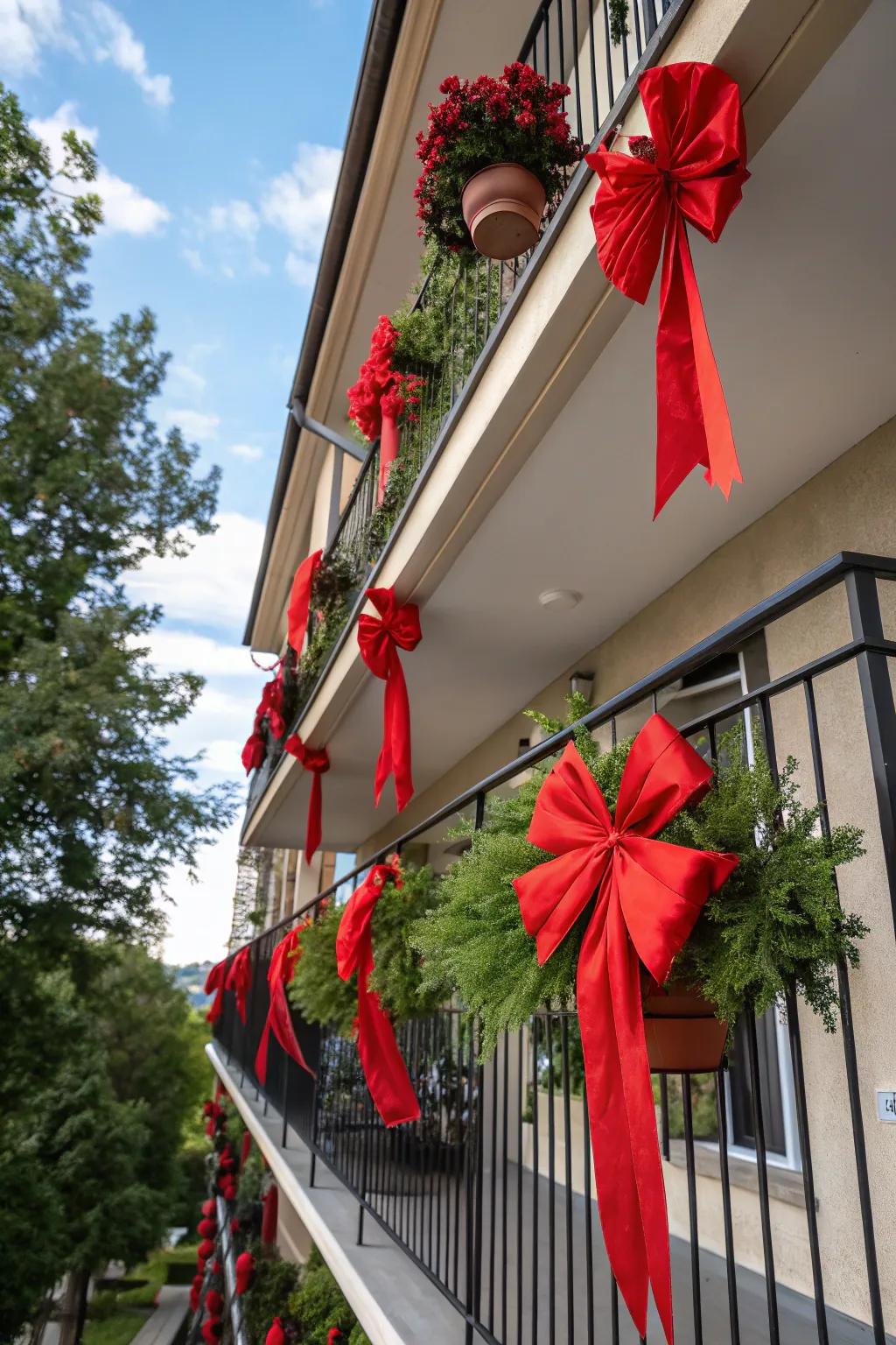 Scarlet ribbons and tapes append a flourish of elegance to this veranda.