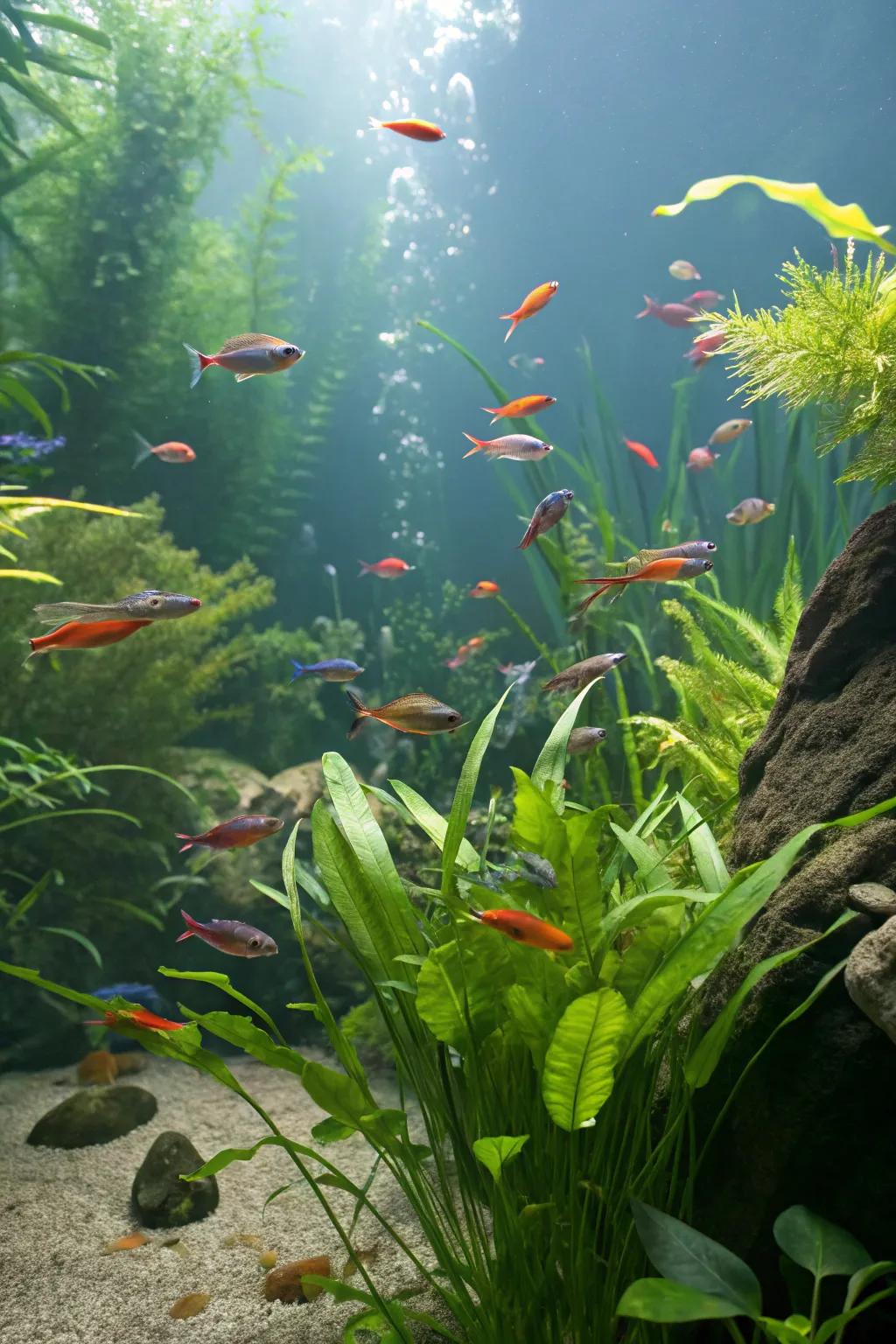 Colorful fish add dynamic beauty to the aquarium environment.