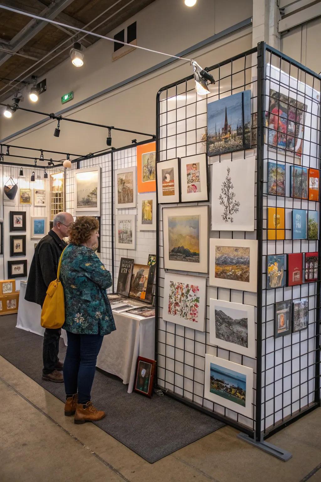 Organized grid walls displaying various artworks.