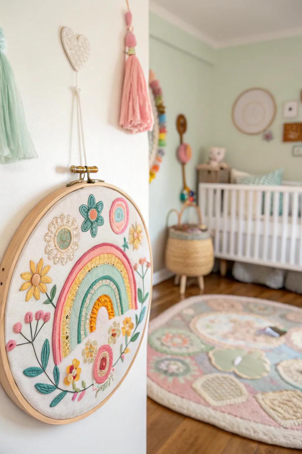 Felt embroidery artistry conveying joy and chromatic vibrancy to any environment.