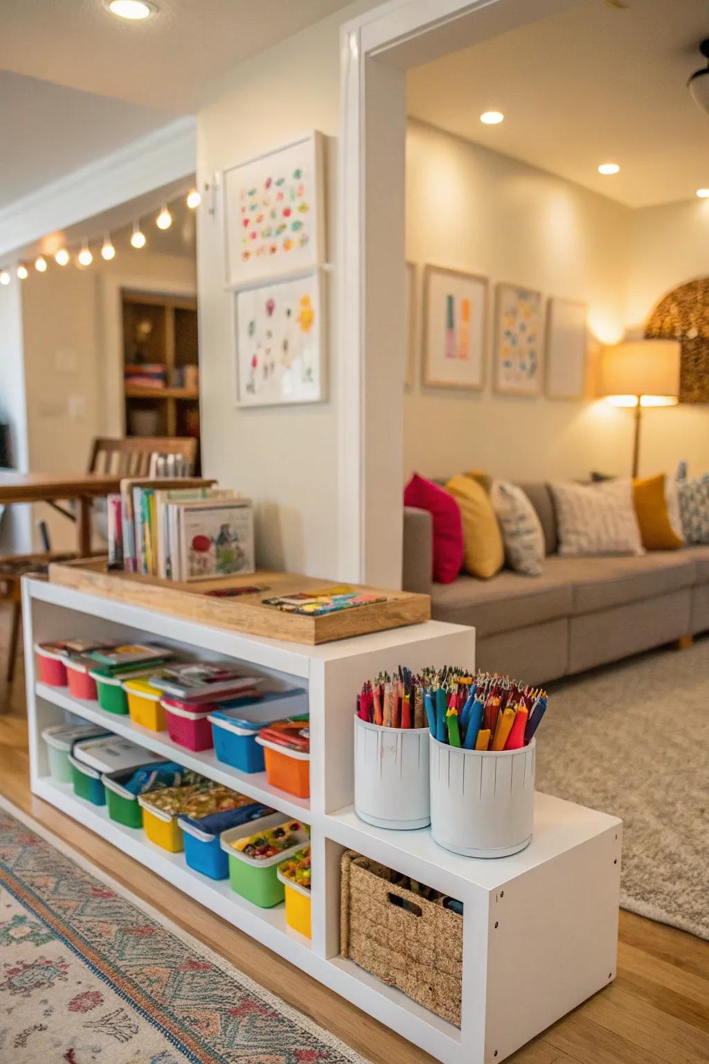 Designated storage areas for kids' artistic tools encourage creativity.