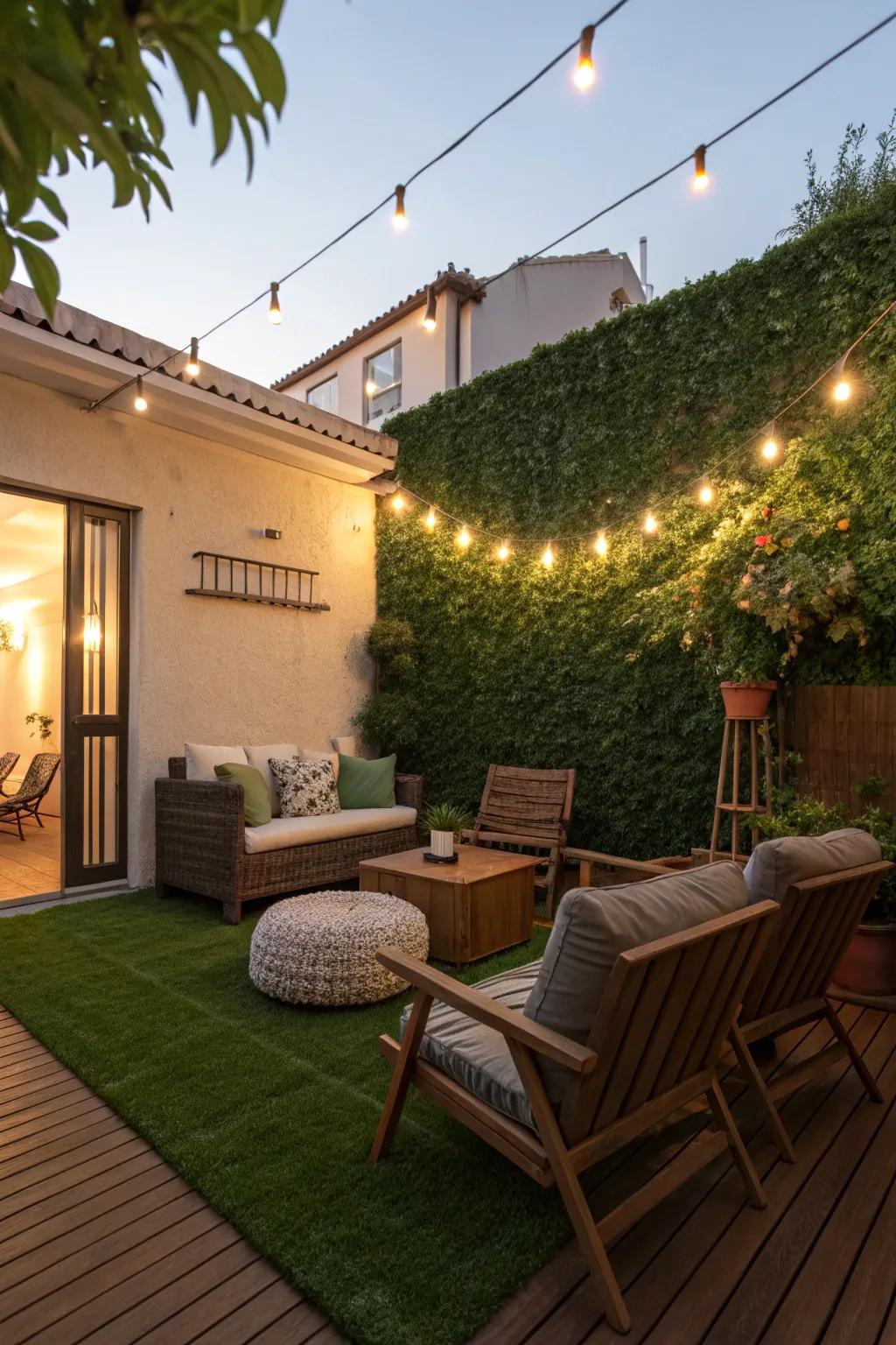 A patio transformed into a serene retreat with the addition of a simulated verdant wall.