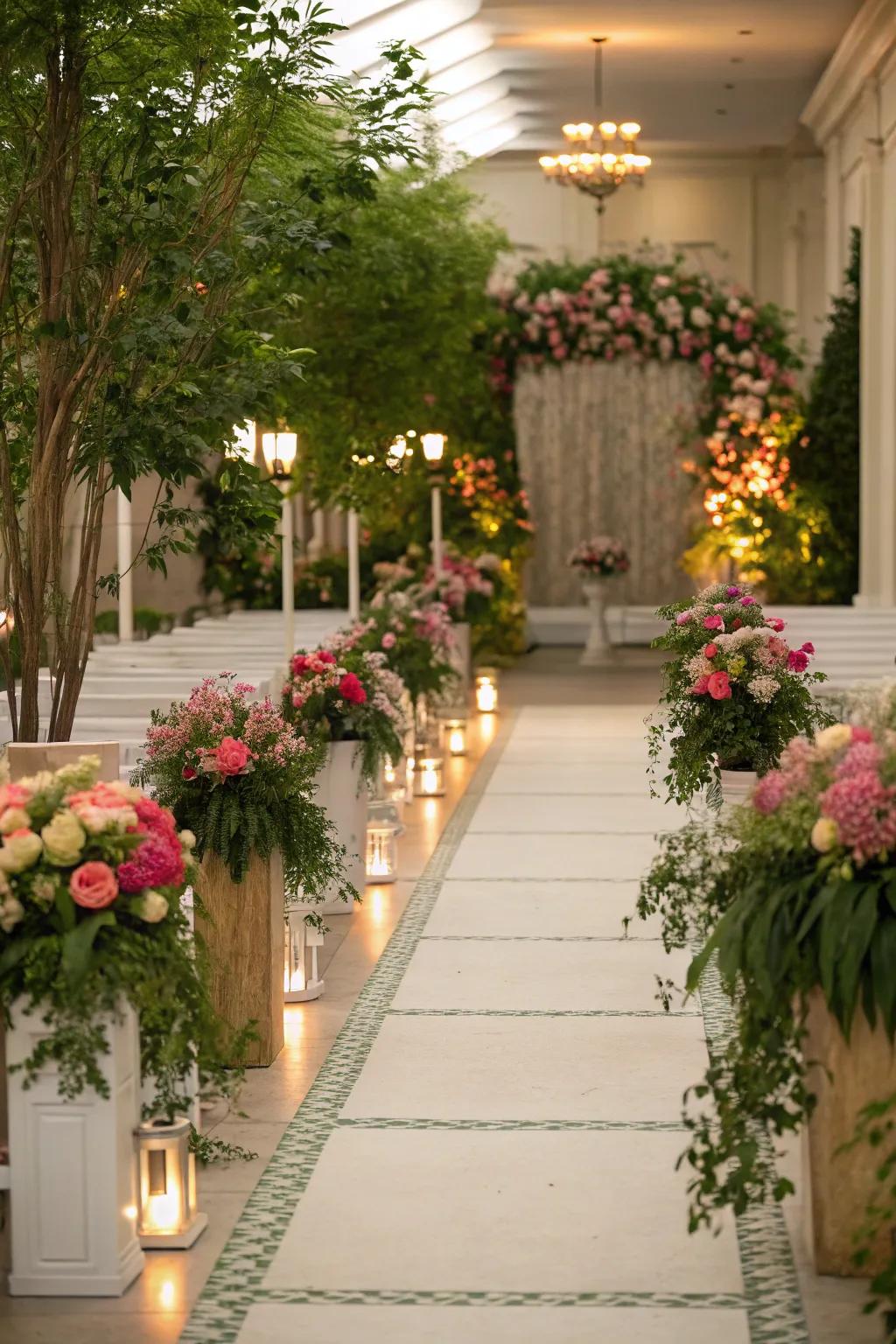 A flora inspired walkway with containerized flora and plants.