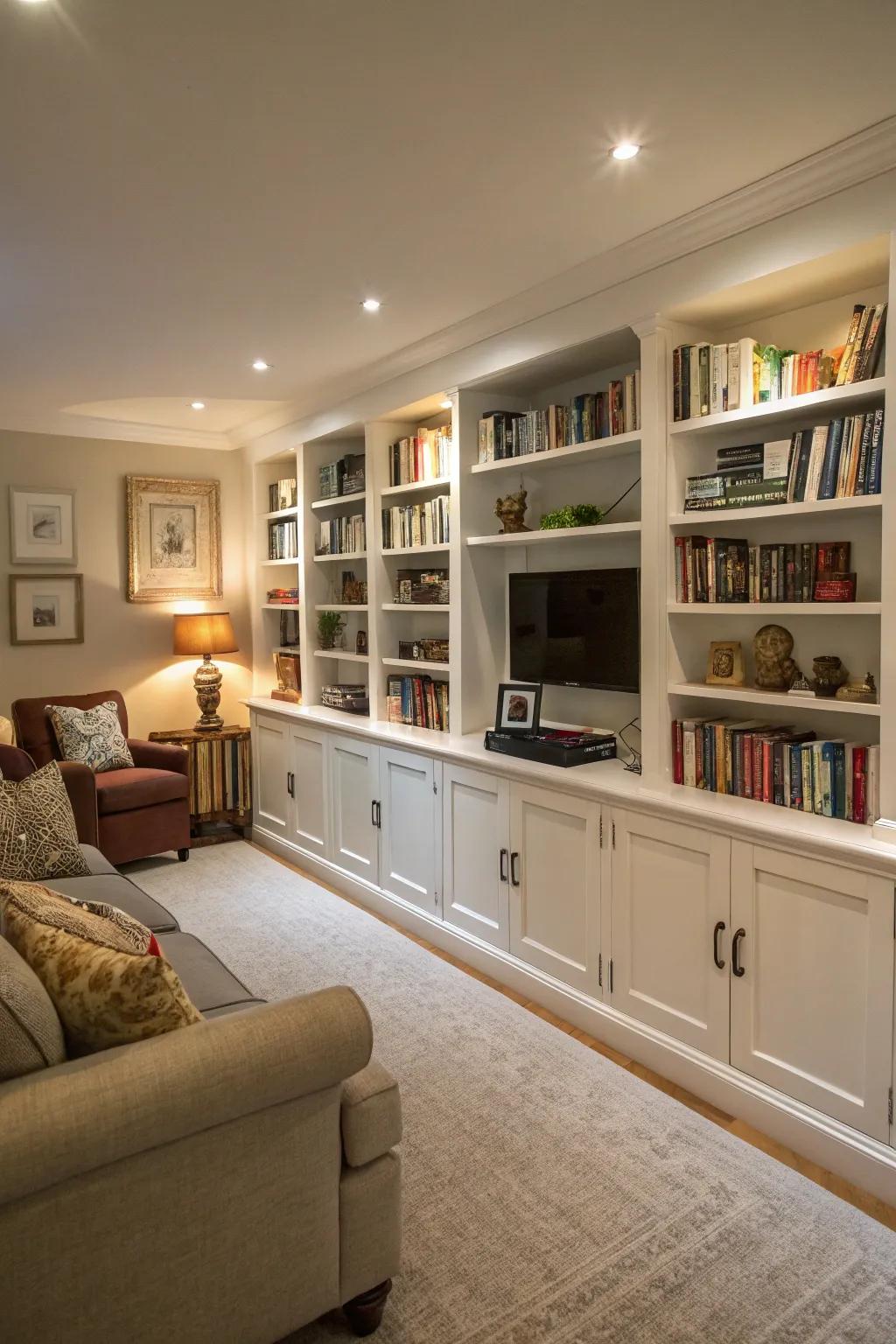 Shelves provide storage and style along long walls.