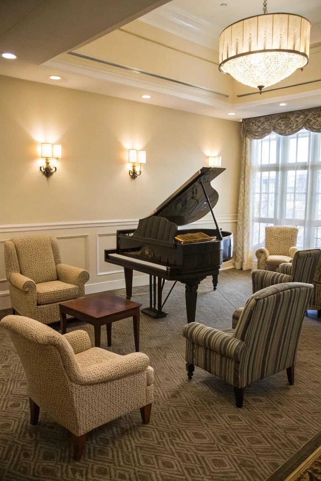 Welcoming seating arrangements establish a space conducive to music and dialogue.
