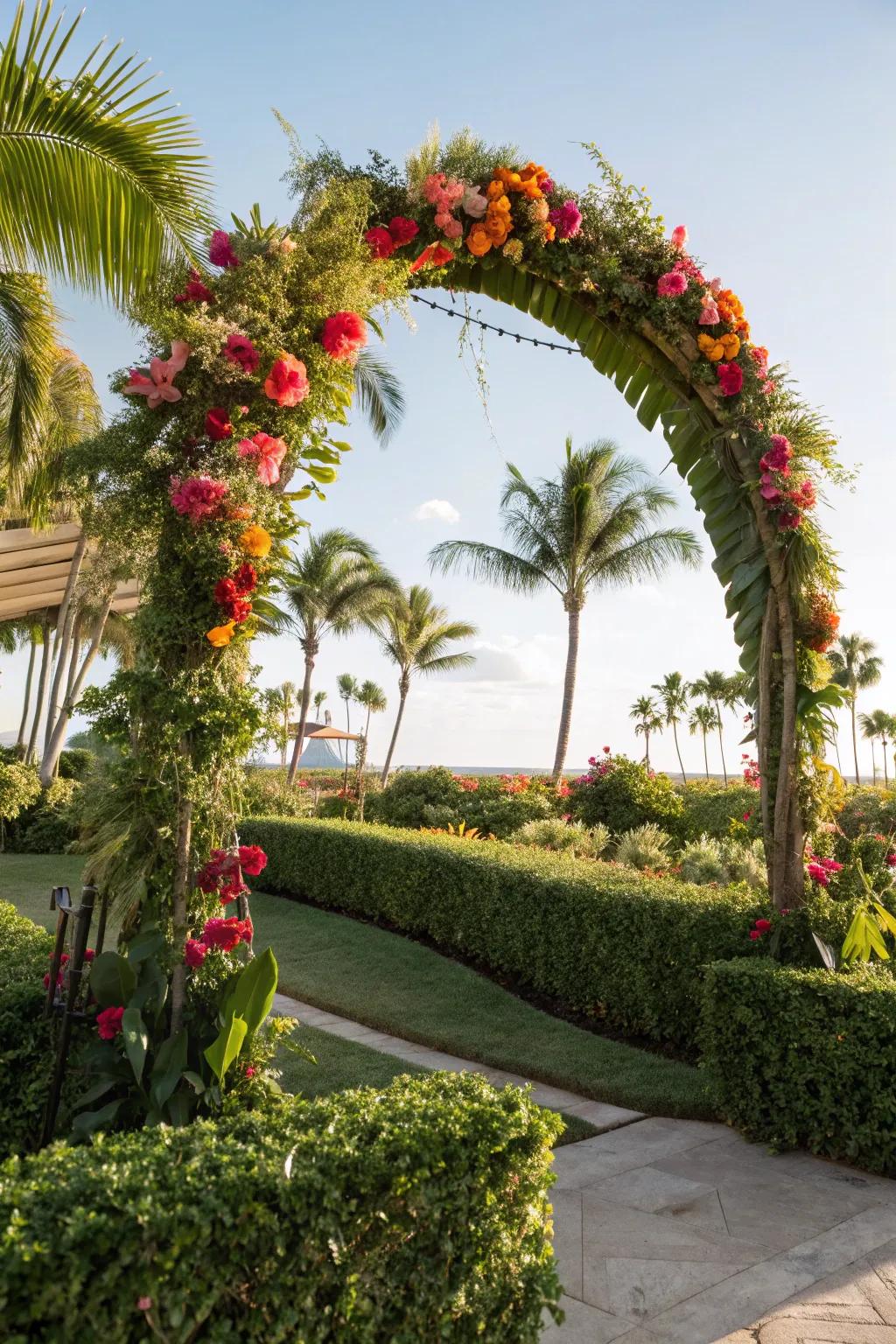 A lively tropical arch featuring palm leaves and flowers for a sunny sensation.