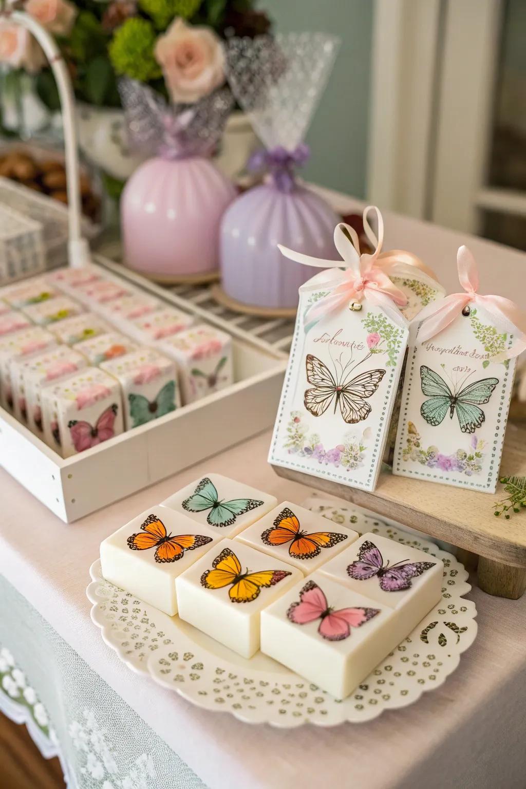 Exquisite butterfly-themed tokens of appreciation for guests to cherish and carry home.