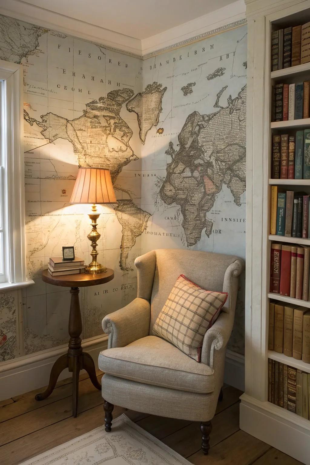 A reading corner adorned with antiquated cartography wall covering, instilling a feeling of warmth and nostalgia.