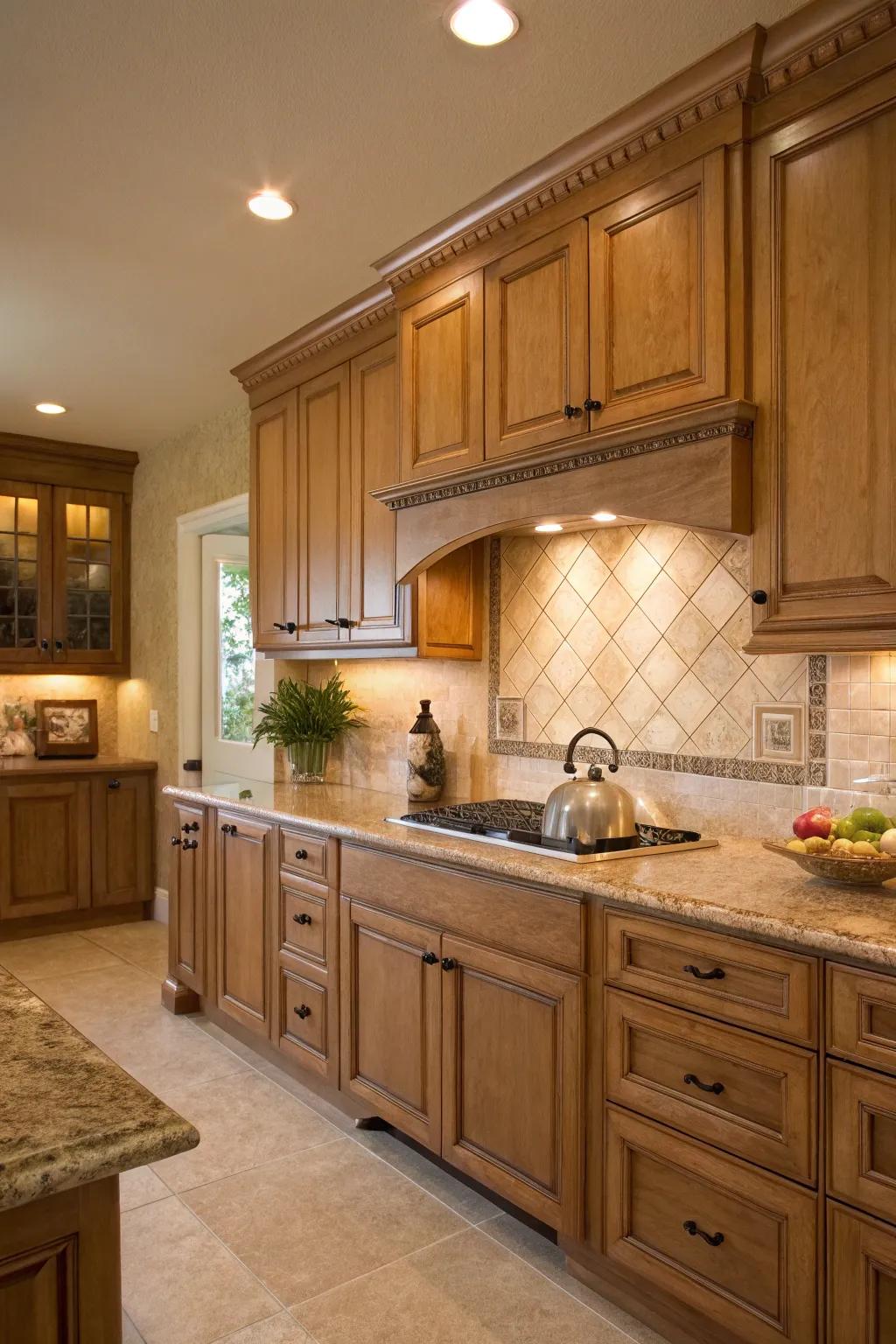 Warm undertones establish a harmonious aesthetic in conjunction with maple cabinets.