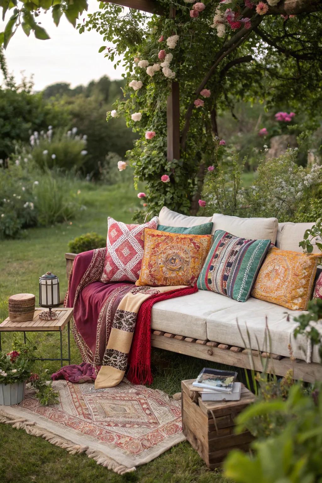 Bohemian couches infuse vibrant, eclectic flair into open-air spaces.