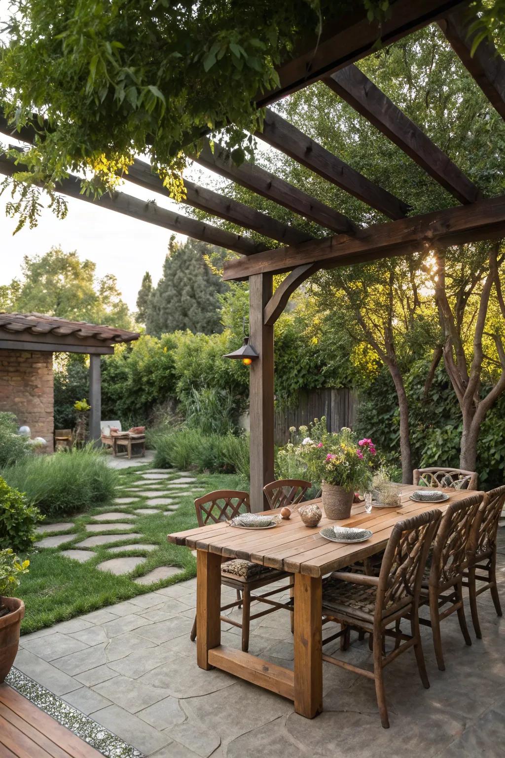 Enjoy meals beneath the open sky within a specifically designated outdoor dining setting.