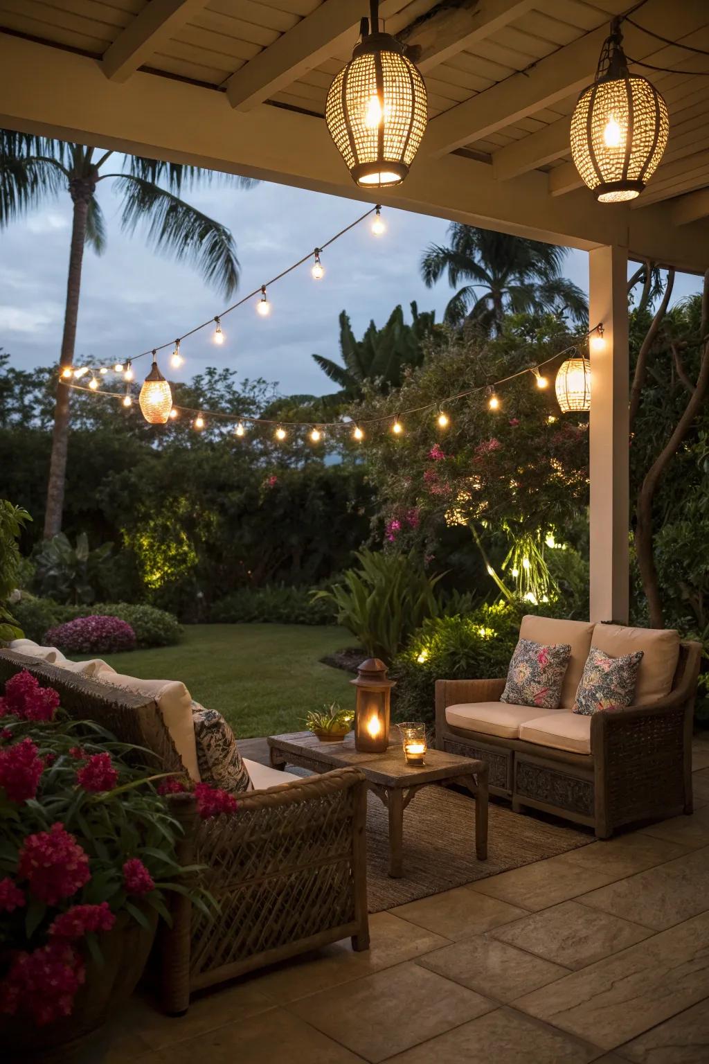 Inventive illumination converts a patio into an enchanted refuge.
