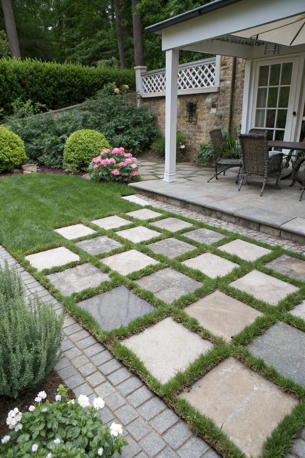 A checkerboard design harmoniously integrates hardscape and greenery.