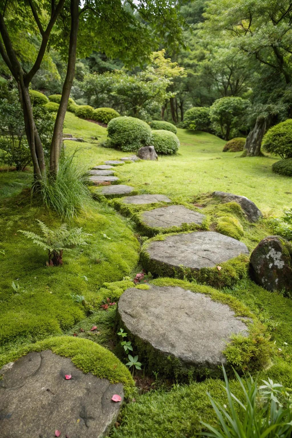 Vegetation between rocks forms a natural pathway.
