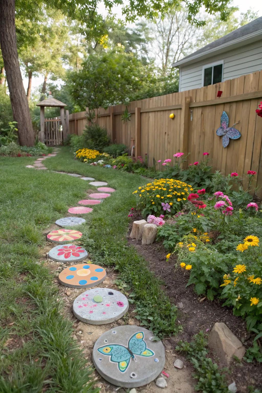 A playful trail featuring uniquely designed DIY stepping stones.