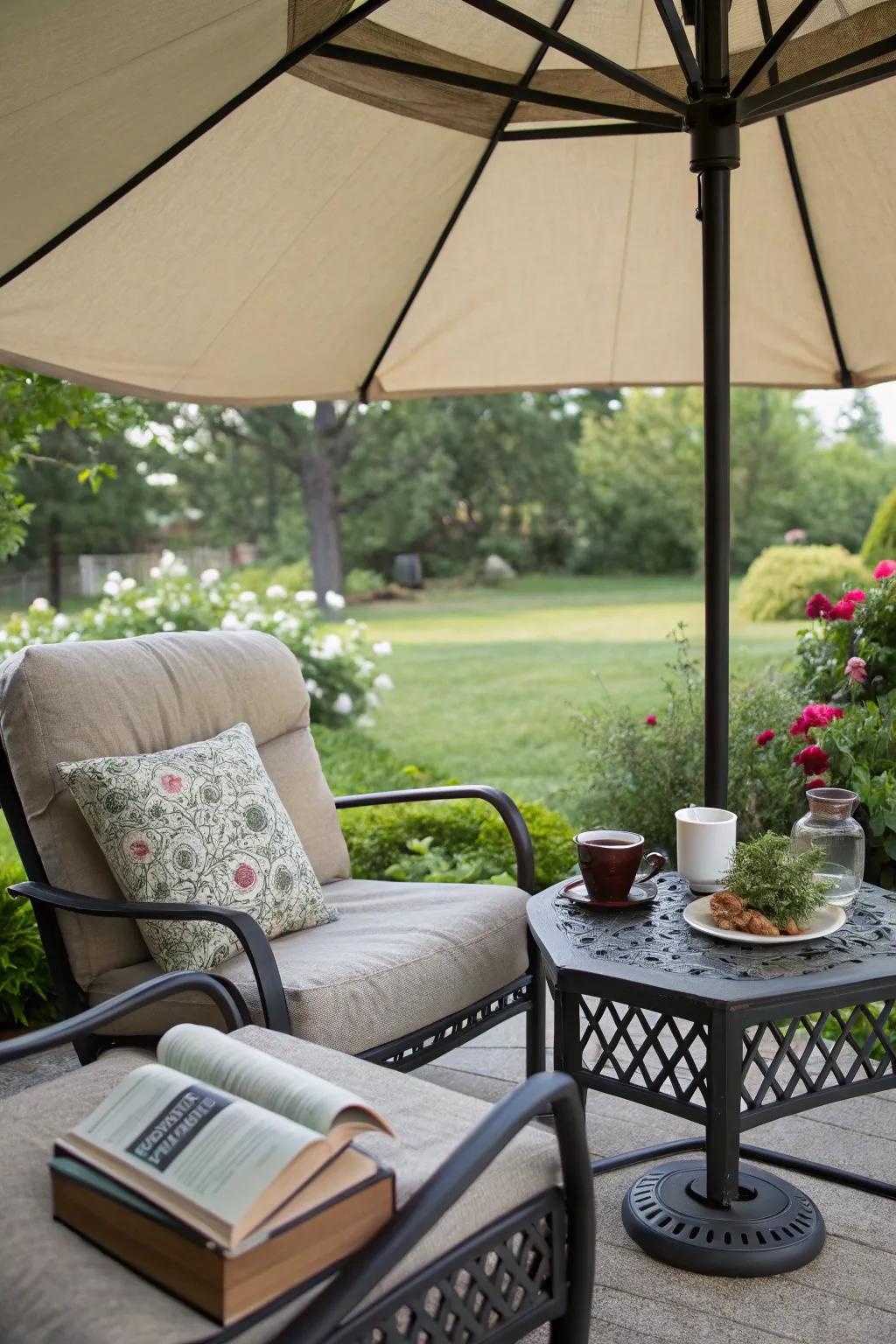 A tranquil reading nook under a patio umbrella.