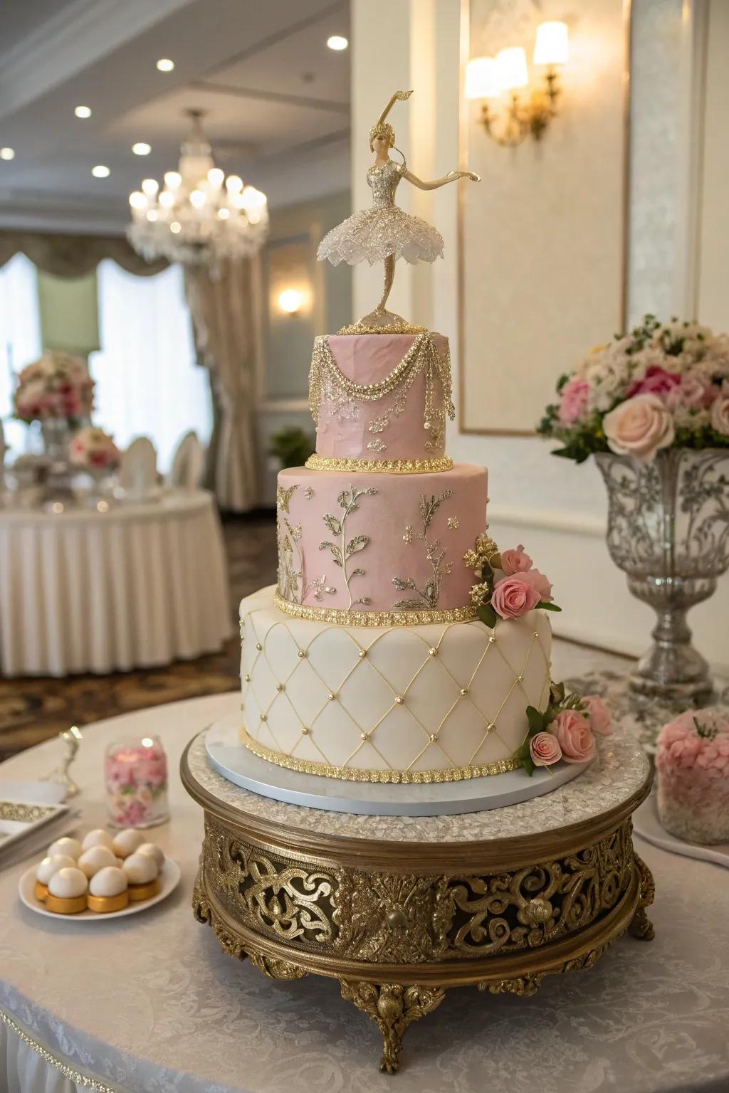 A multi-layered cake bestows grandeur and story-telling aspects.