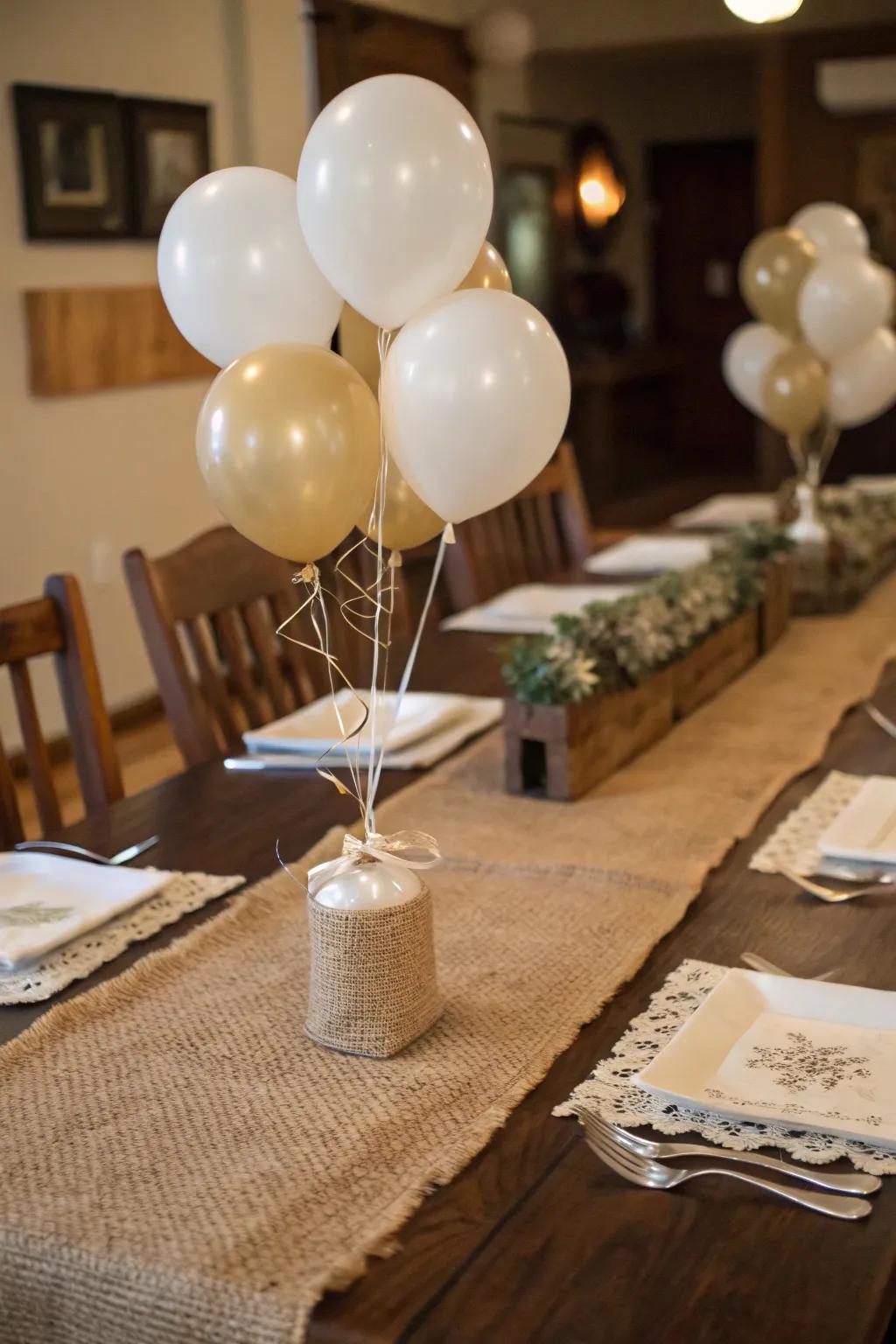 Rustic allure achieved with linen and balloons in muted tones.