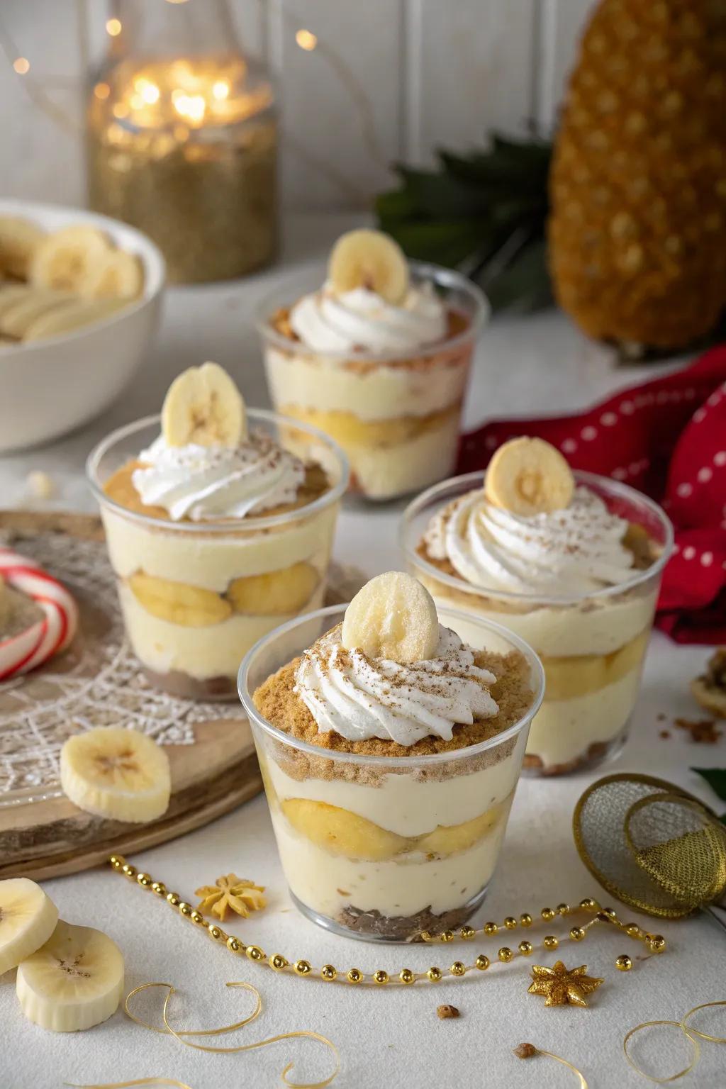 Mini banana pudding cups serve as an excellent option for celebrations.