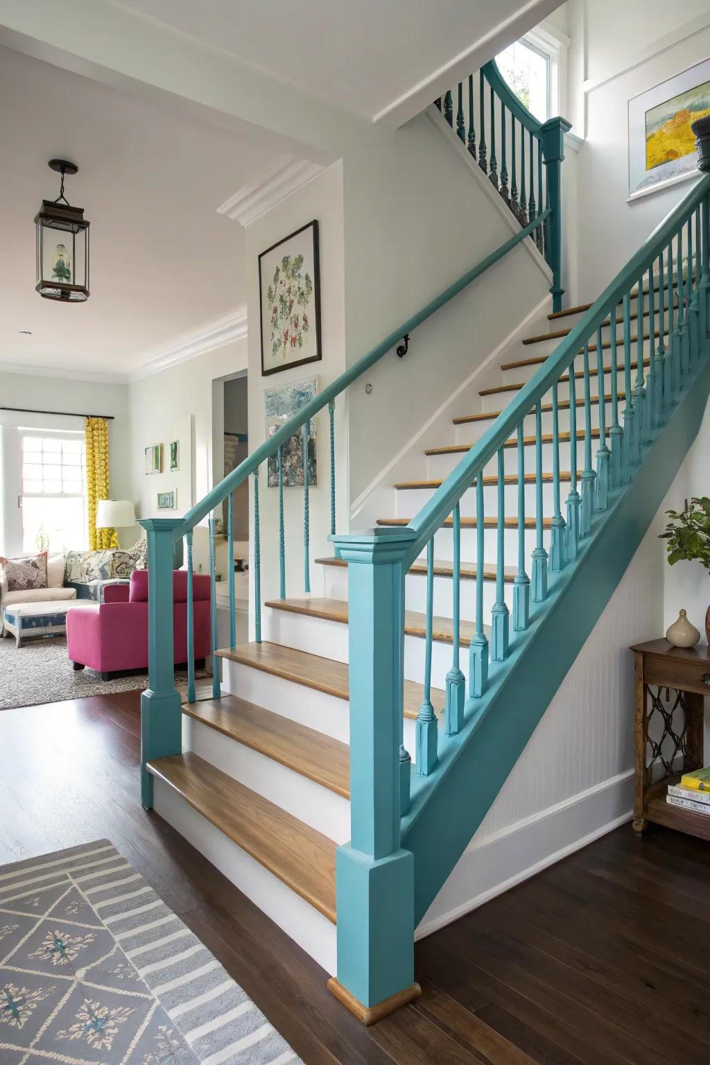 Vibrant painted stair rail adds a splash of color.
