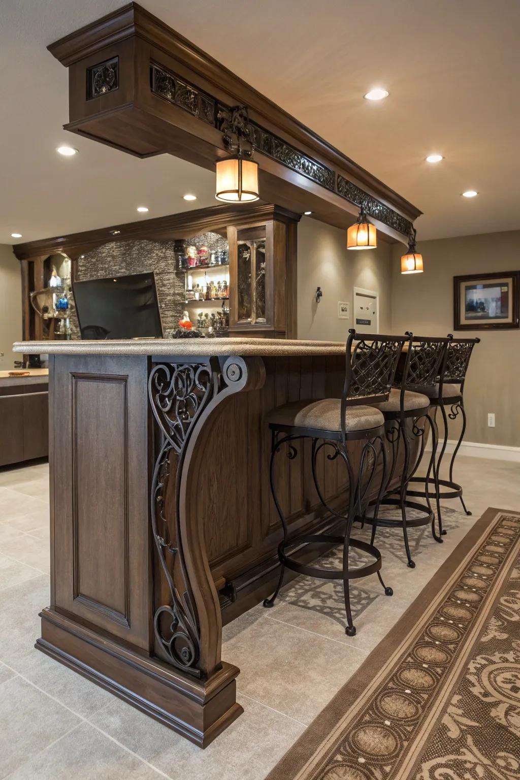 Artistic supporting fixtures inject personality into this home bar.