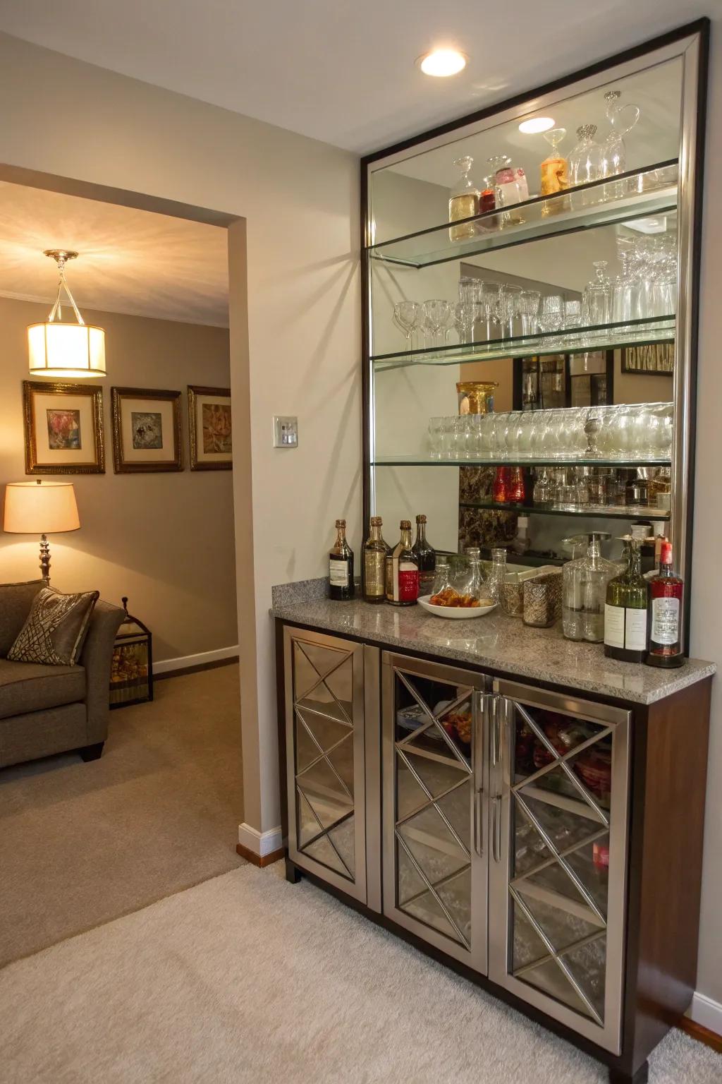 Streamlined mirrored shelving effectively utilizes smaller areas.