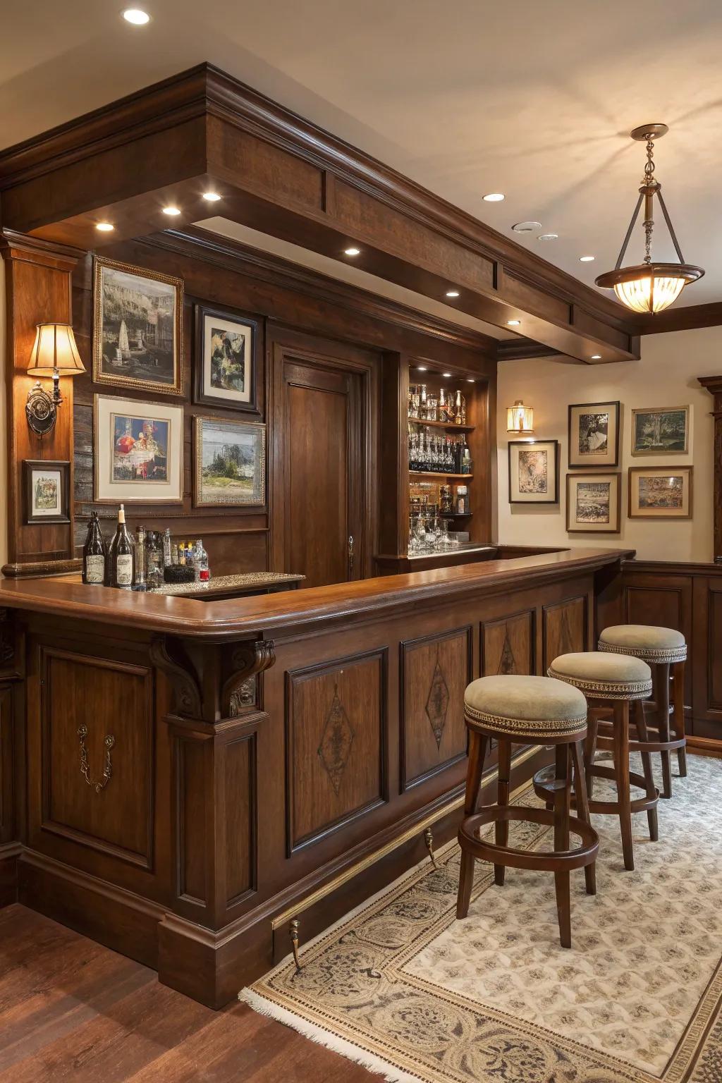 Timeless charm is added to your home bar by classic pub-style paneling.