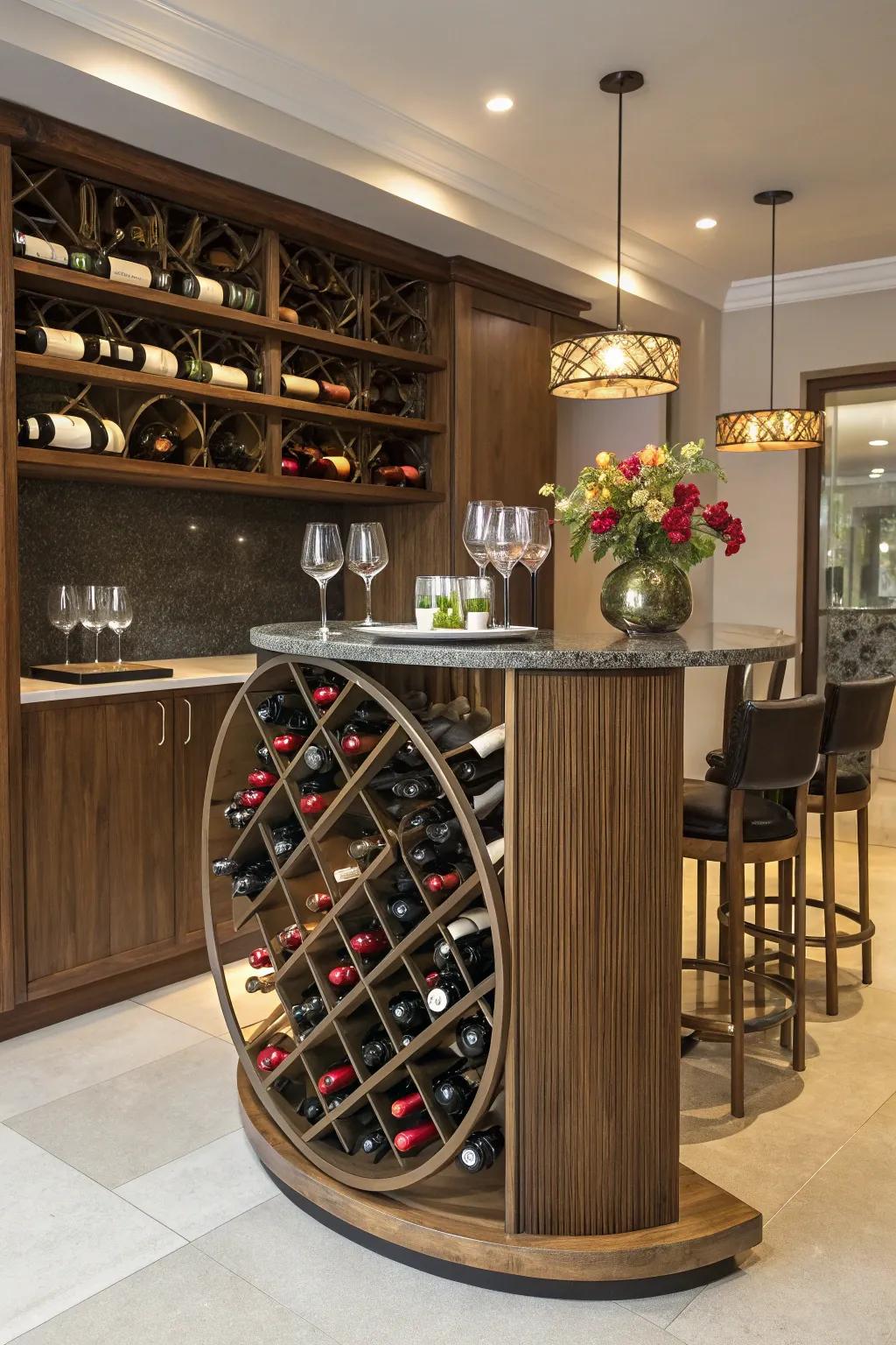 Ringed racks present a distinctive approach to storing wines.
