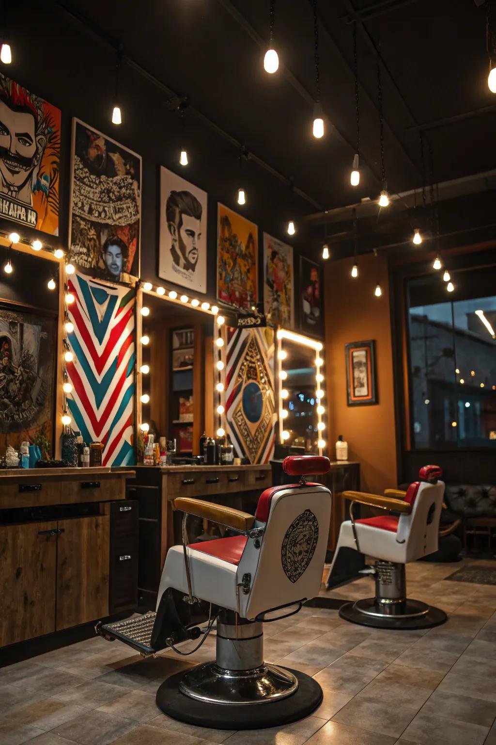 Highlight lighting bringing artistic elements to life in a barbershop.