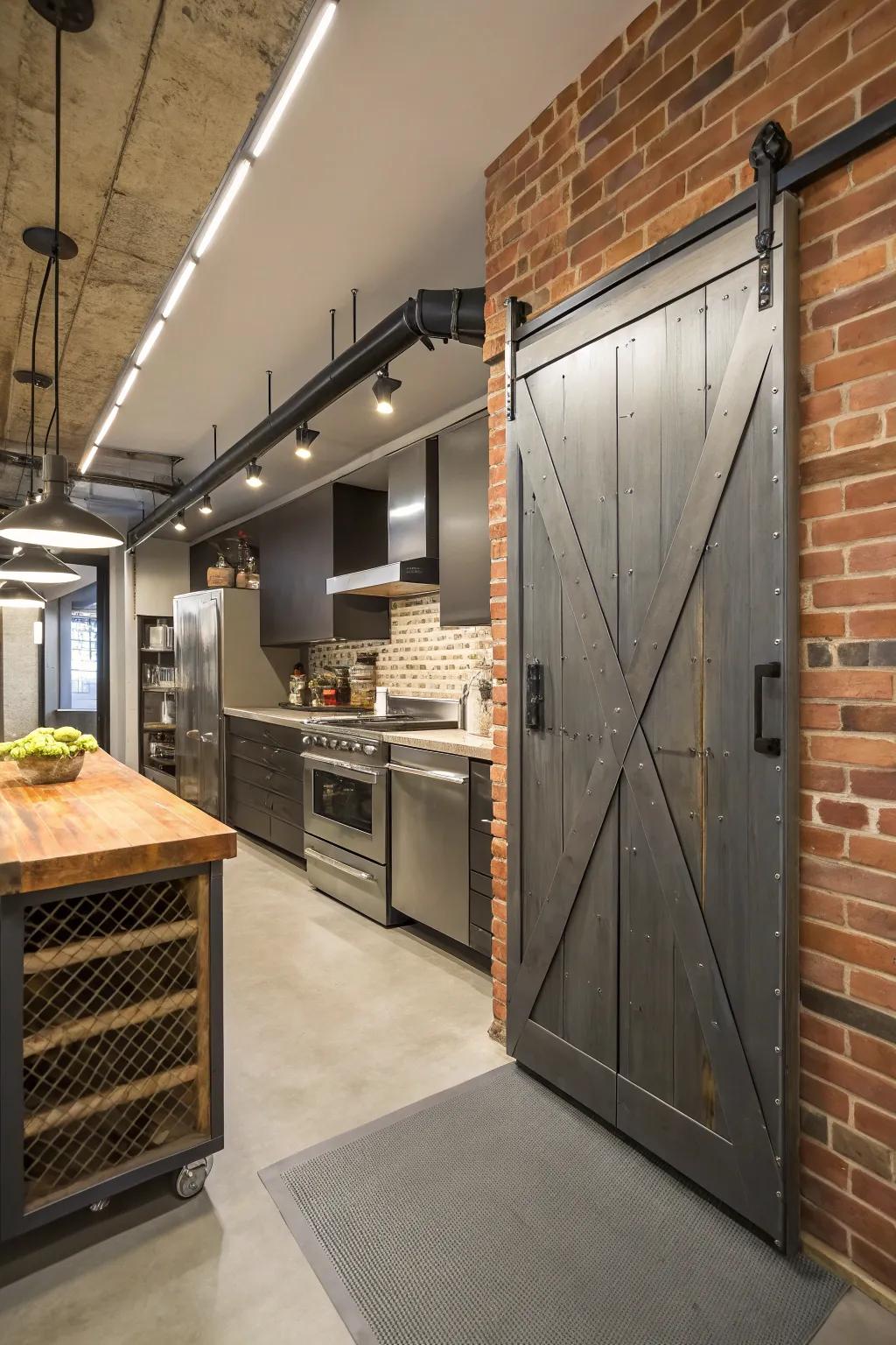 An industrial culinary space showcasing a sliding barn aperture, demarcating the pantry, and embellished with metallic accents.