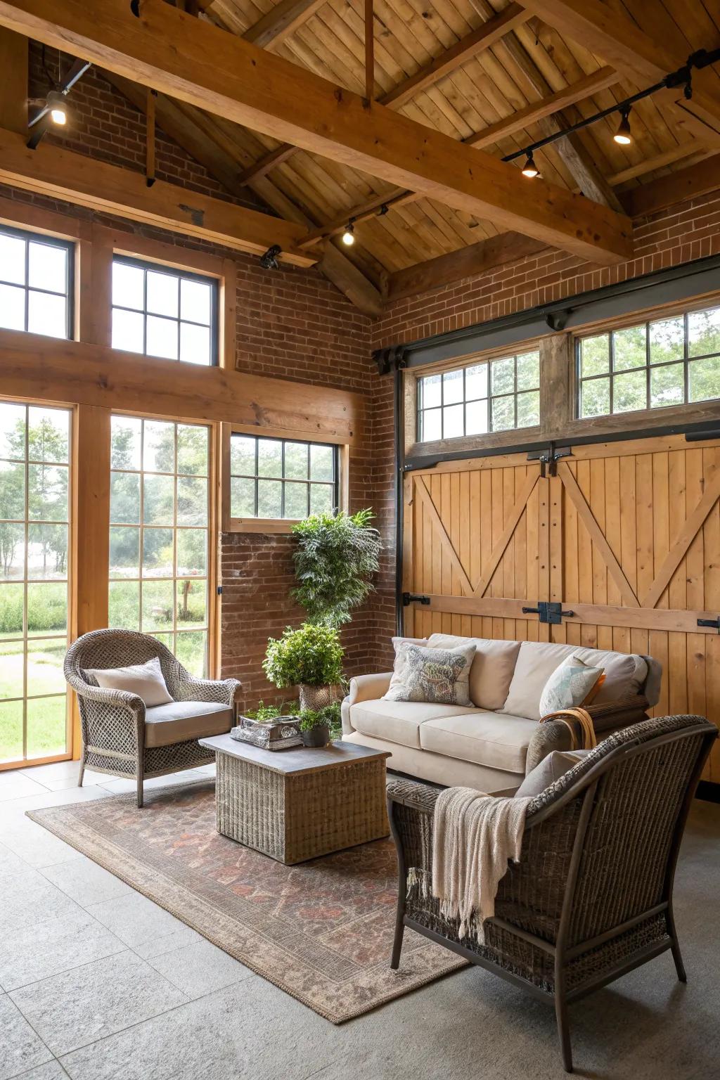 This barn garage has a comfortable sitting area that encourages relaxation.