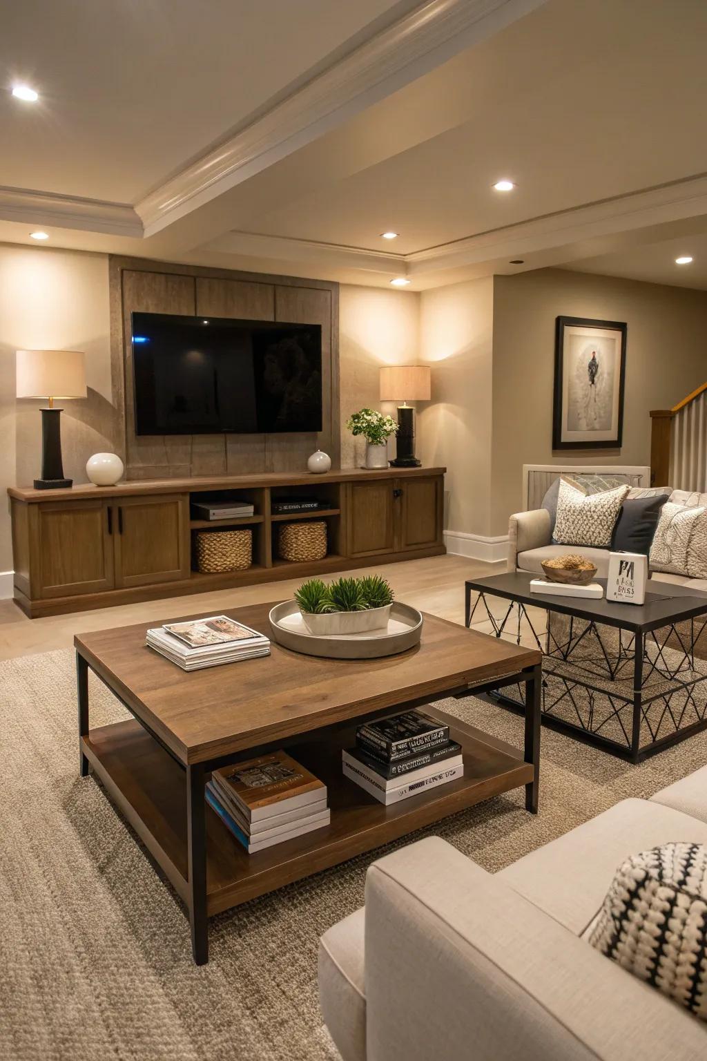 Accent furniture lends both flair and utility to this basement family space.