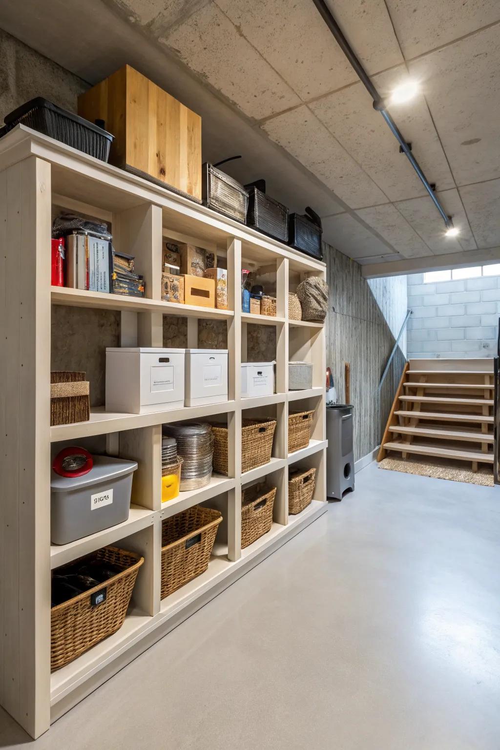 Basement with integrated shelving delivering smart storage solutions.