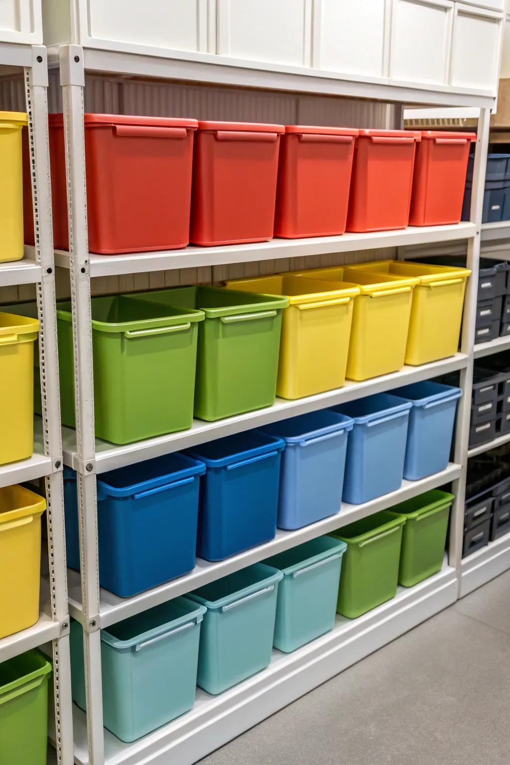 Color-coded bins streamline the process of finding stored items quickly.
