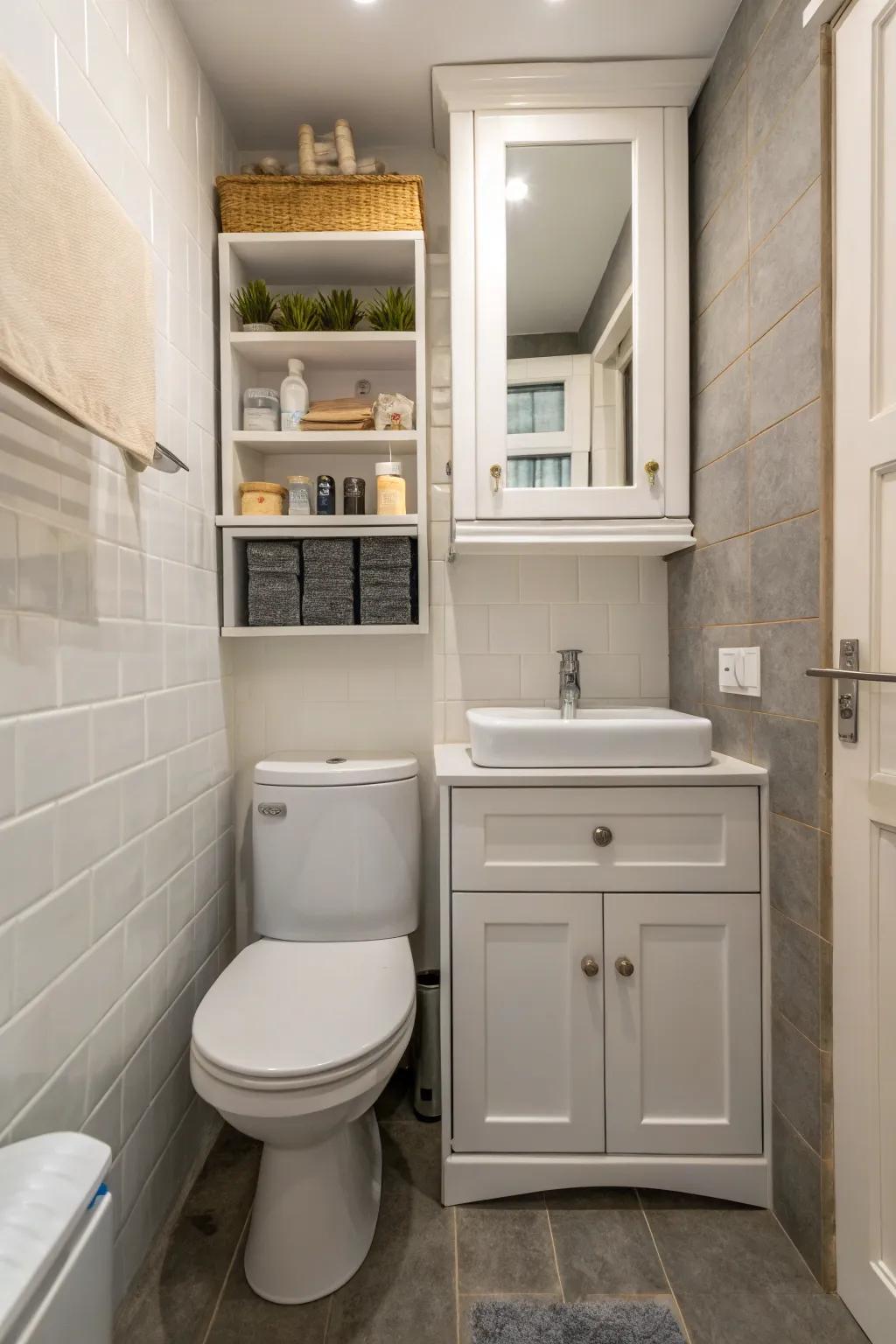Cabinets above the toilet maximize storage in small spaces.