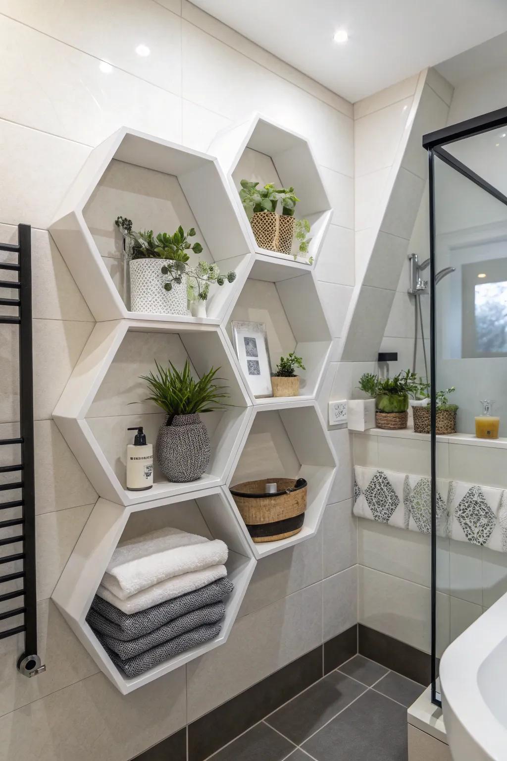Geometric shelves impart artistic charm to any bathroom setting.