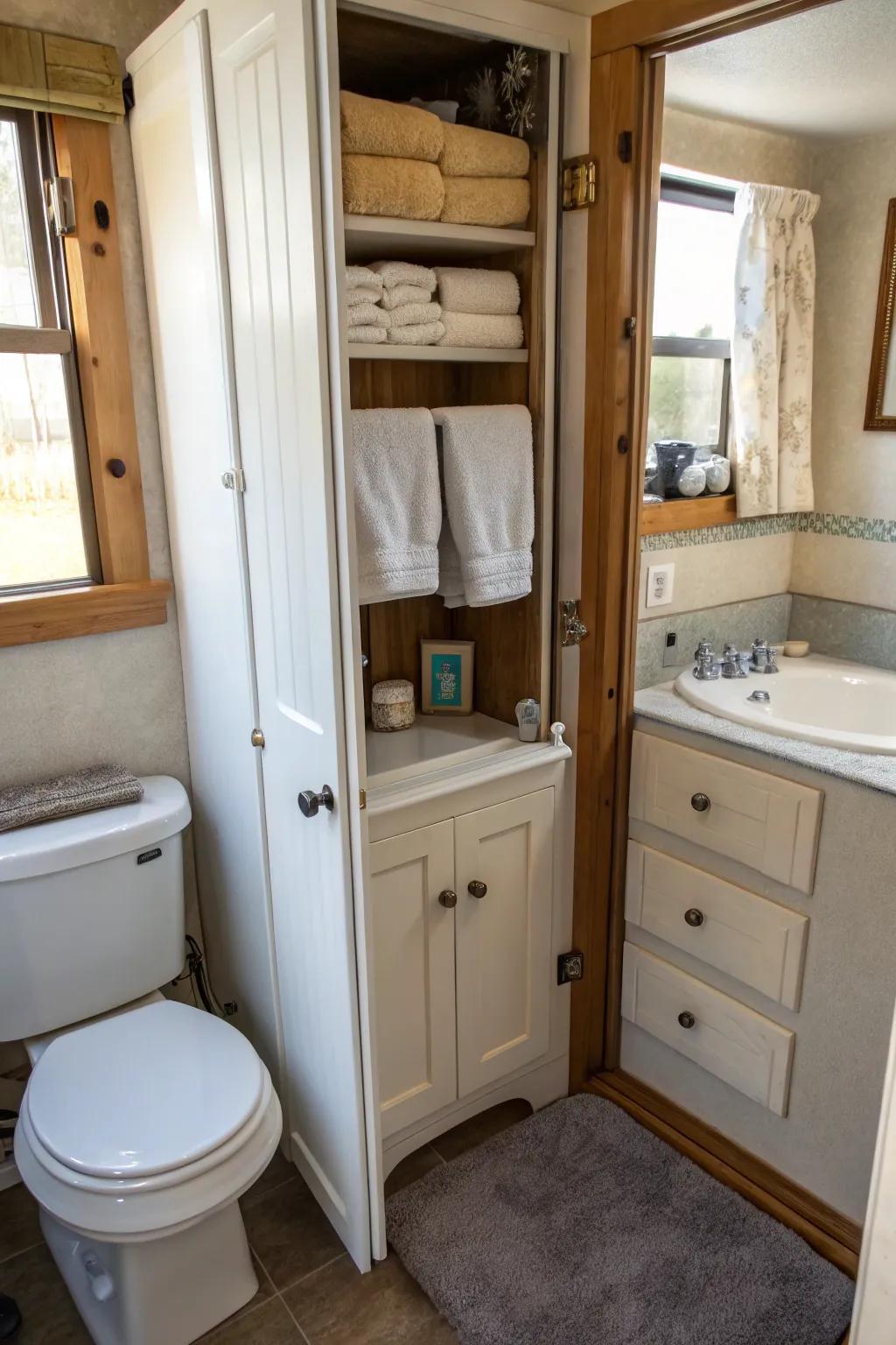 Over-the-cabinet door racks present a concealed towel storage alternative.