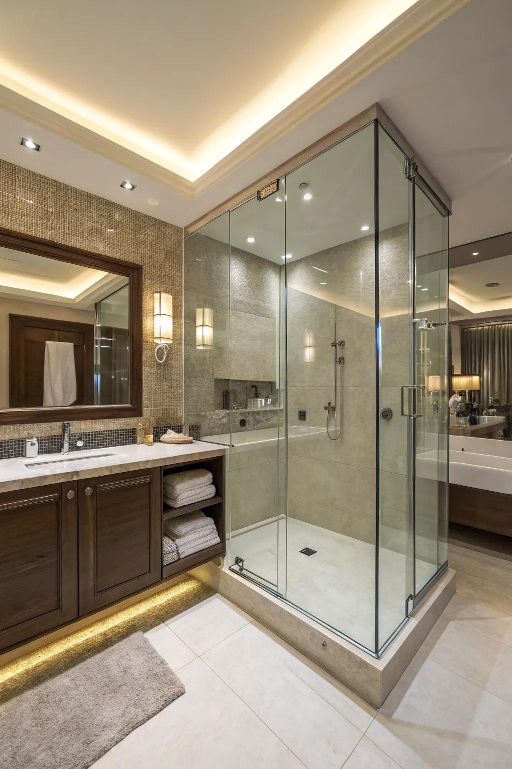 Glass-surrounded showers include a trace of grace and keep an unrestricted feel.