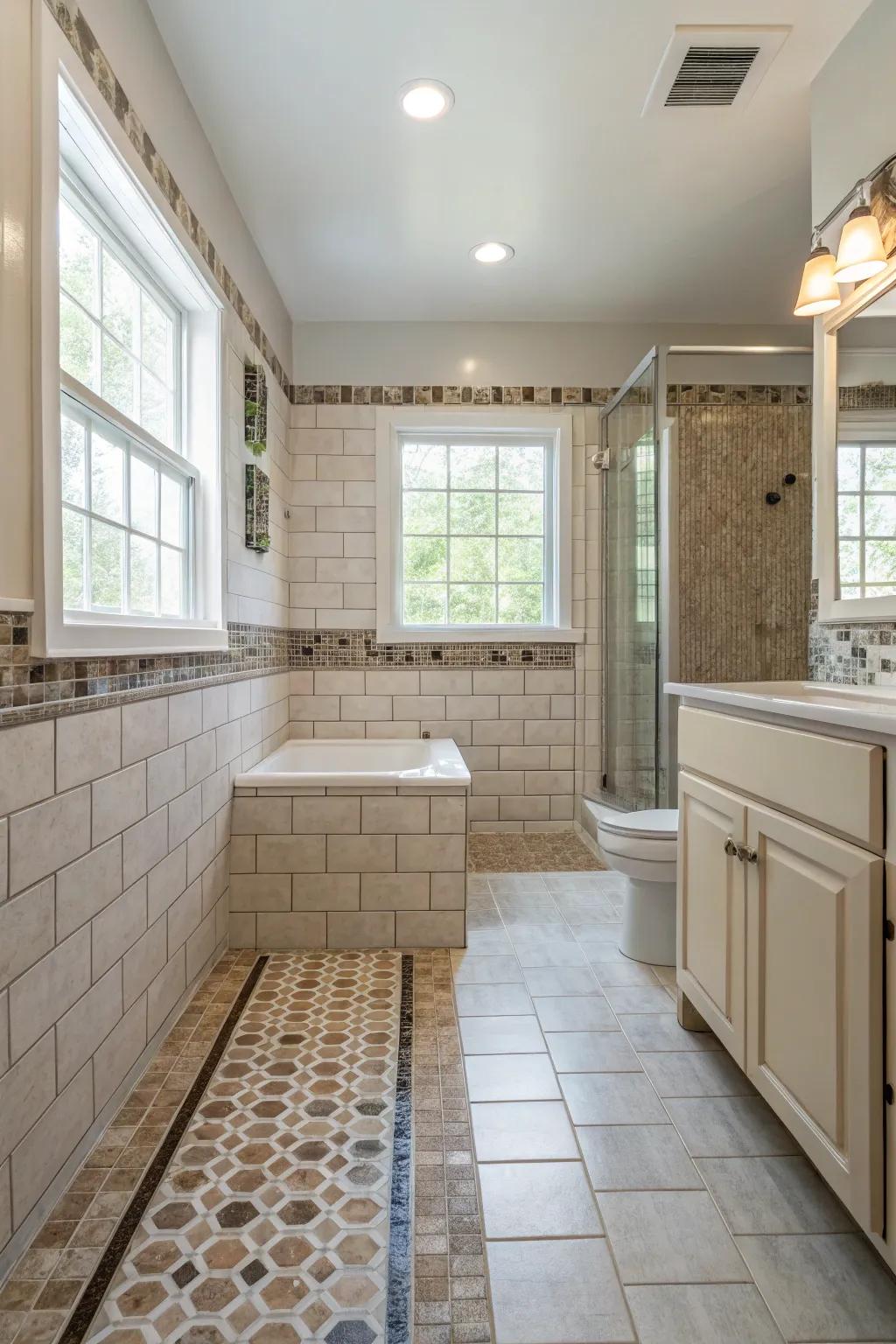 Fluid transitions in tile design augment washroom coherence.