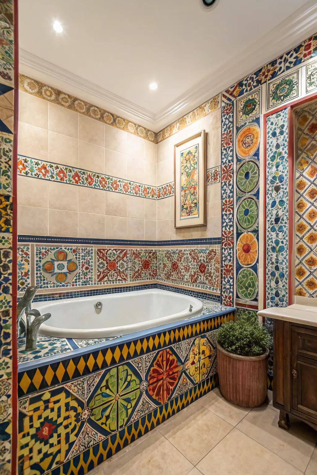Transform your tub area through the use of ornamental tile work.