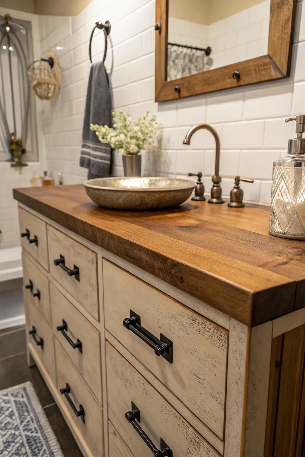 Wood and metal embellishments balance the aesthetic.