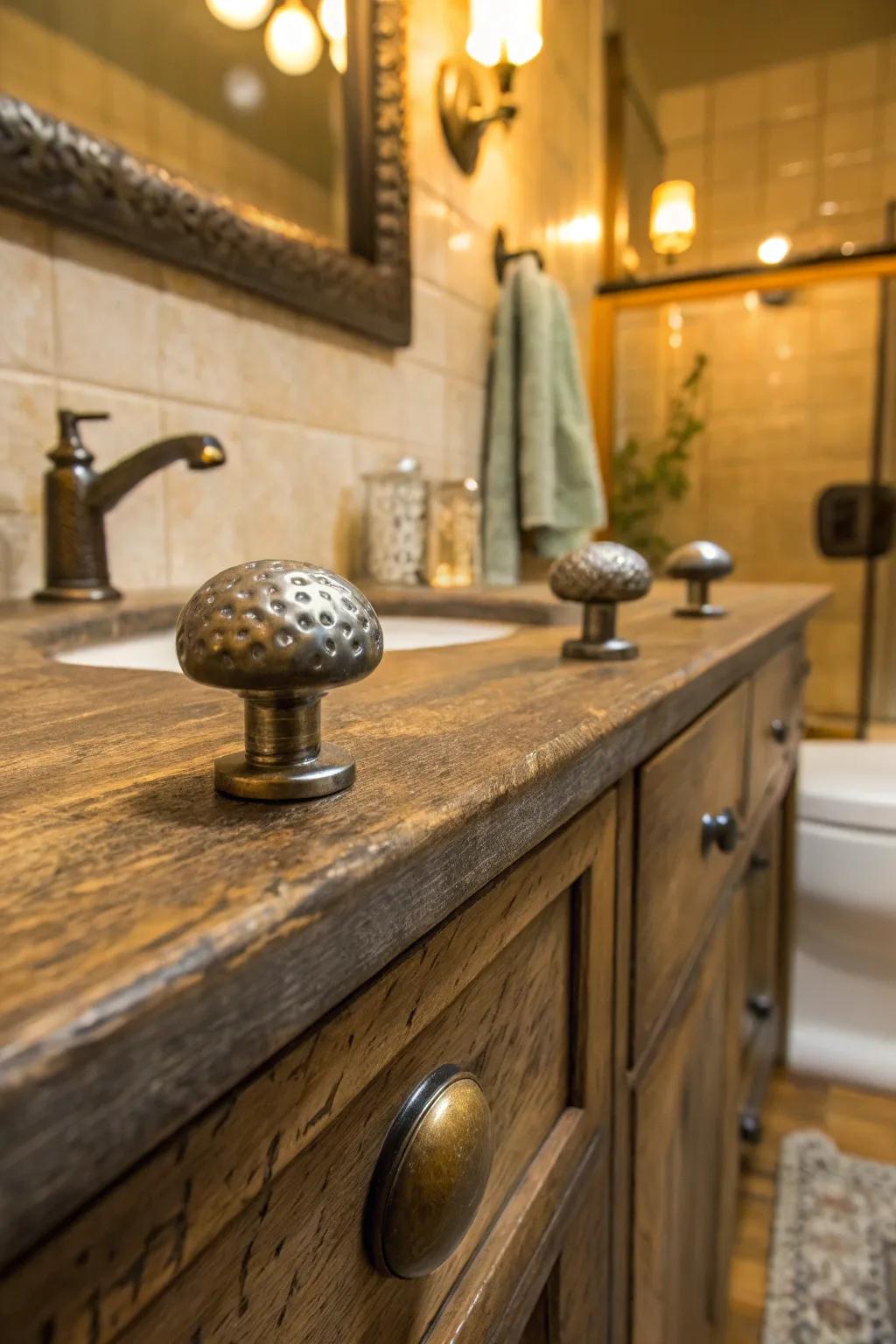 Hammered metal knobs celebrate craftsmanship and legitimacy.