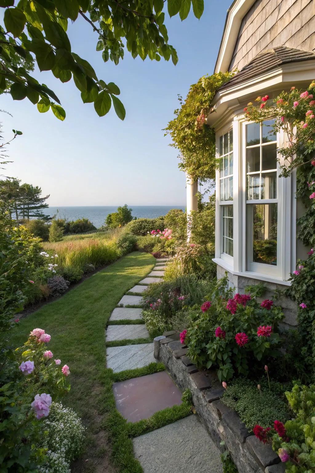 Stepping stones creating a charming path that leads to a bay window.