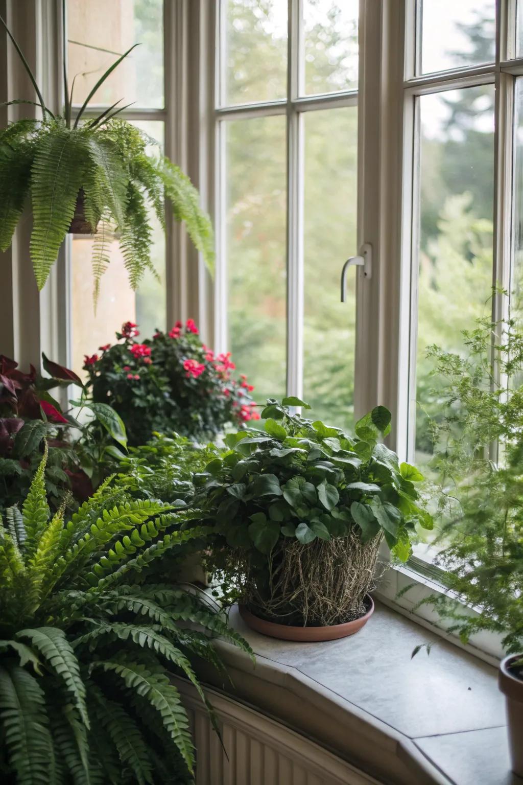 Transform your bay window into a green oasis with a collection of indoor plants.
