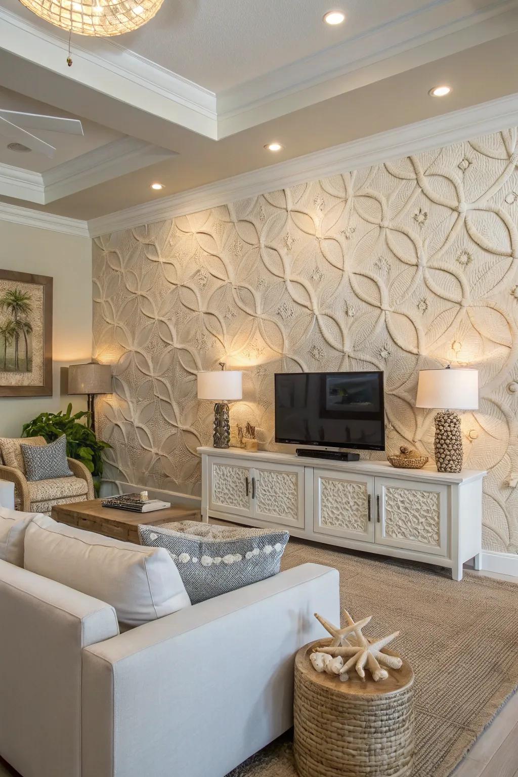 Introduce subtle sophistication with textured, beach-inspired wallpaper.