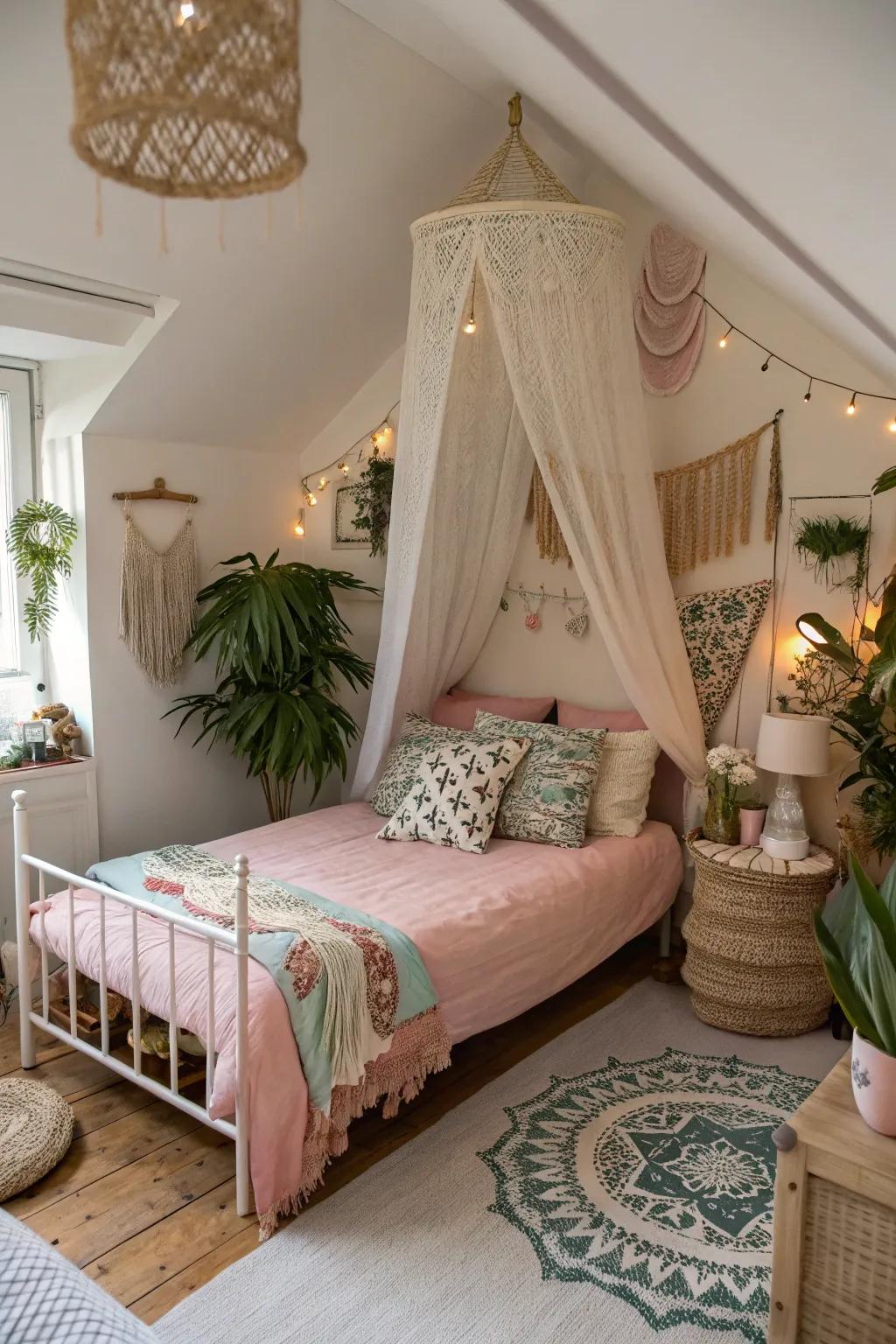 A pastel awning adds bohemian flair to this unique space.