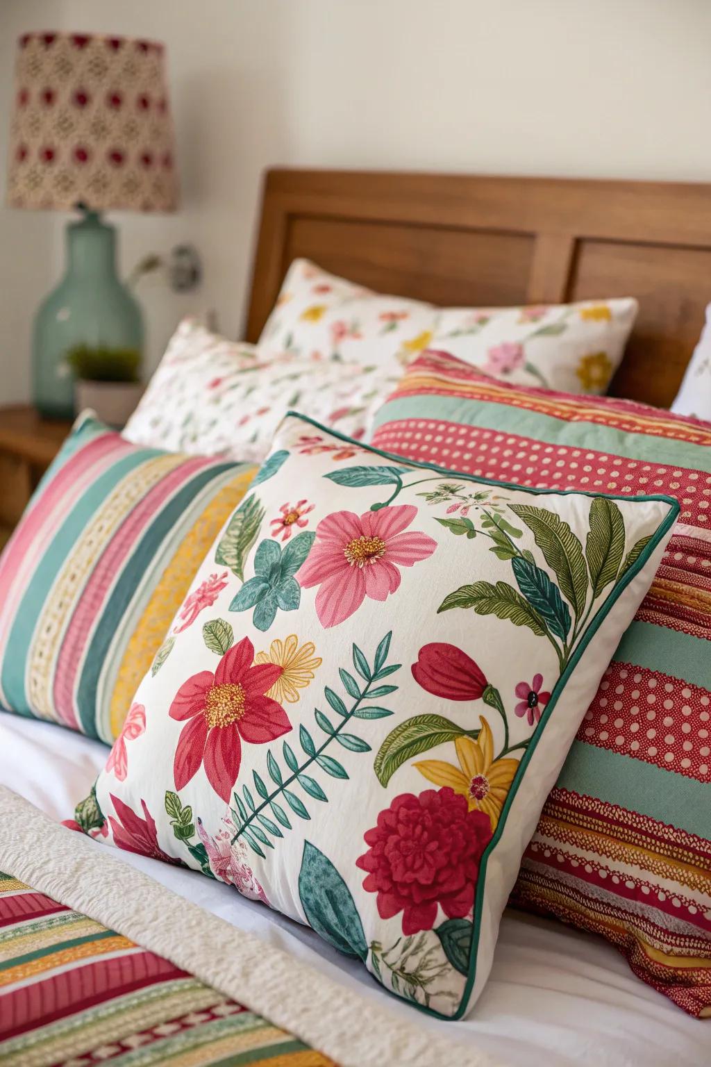 Pattern mingling contributes a spirited feature to your cushion arrangement.