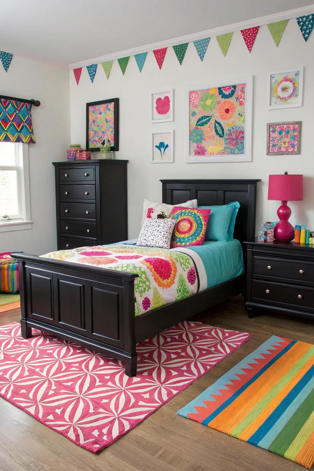 Vibrant hues instill character into a boudoir featuring streamlined ebony furniture.