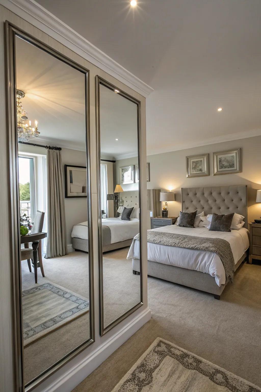 Reflectors cleverly placed to widen the bedroom.