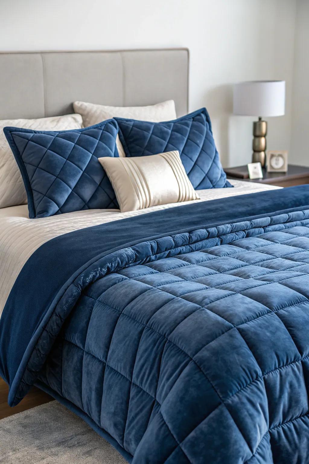 Inviting bedclothes transmute a slumber chamber into a comfortable retreat.